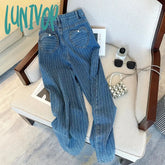 Lunivop Women’s Vertical Stripe High Waist Blue Jeans Vintage American Street Style Casual Wide